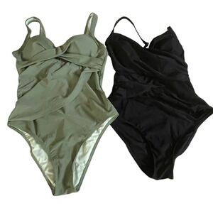 Cupshe Womens One Piece Swimsuit Bundle Green Black Ruched Size NWT M